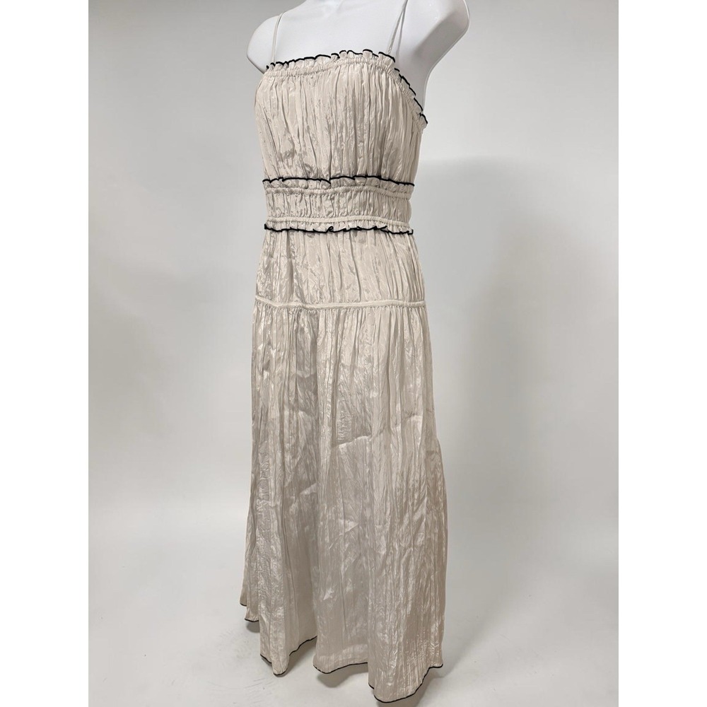 NWT J Crew Crinkle Maxi Dress L Silver Gray Ruffle Tiered Black Trim Cami - Picture 2 of 14